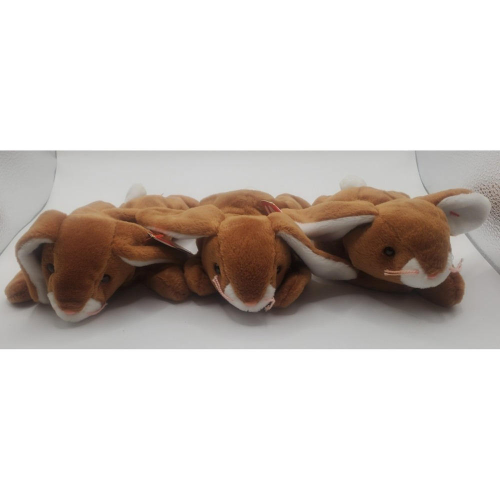 Vintage Ty Beanie Babyā Retired EARS Laying Bunny Rabbit Brown Easter Lot of 3